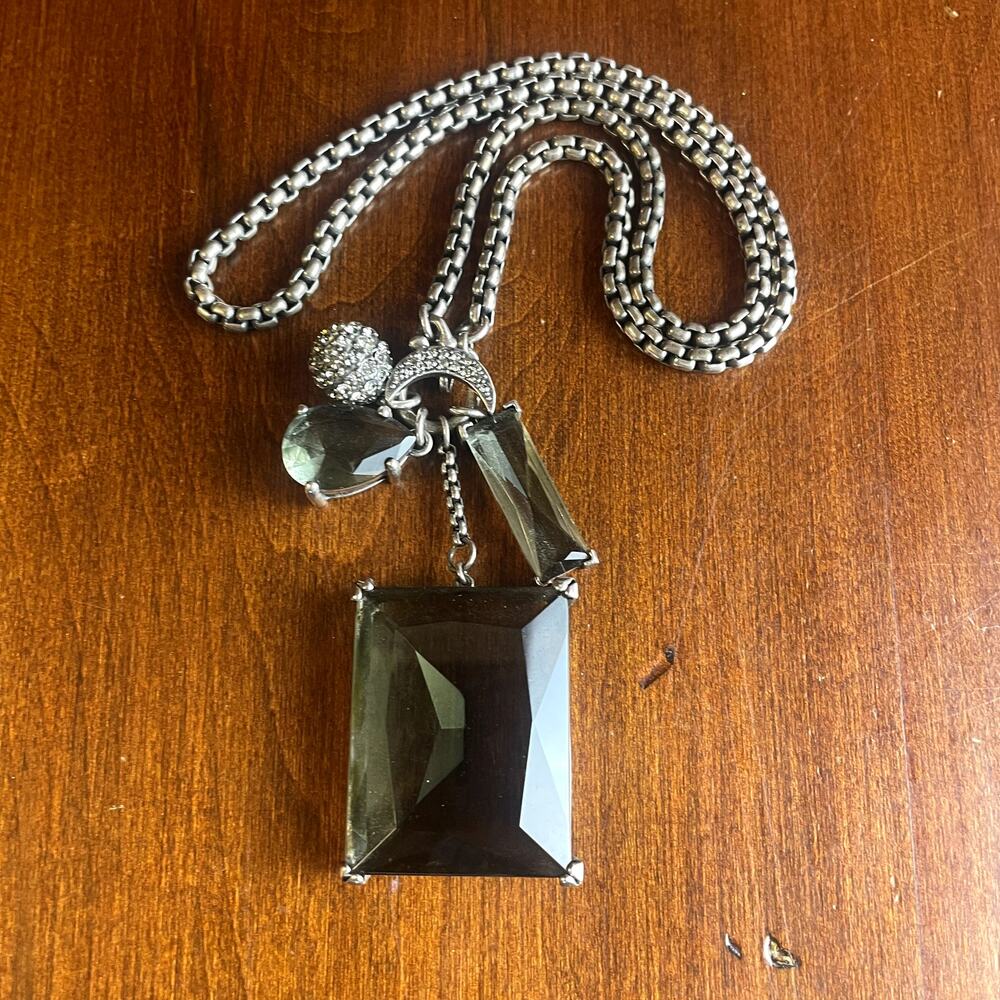 Smoky Quartz Statement Necklace Silver Crystal Moon Teardrop Bohemian Elegant